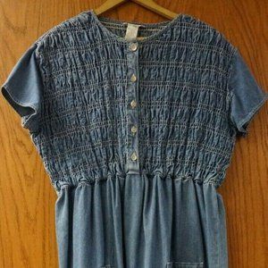 Jones New York Sport Jean Dress 8 Blue Long Denim Elastic Gathered Top Pockets